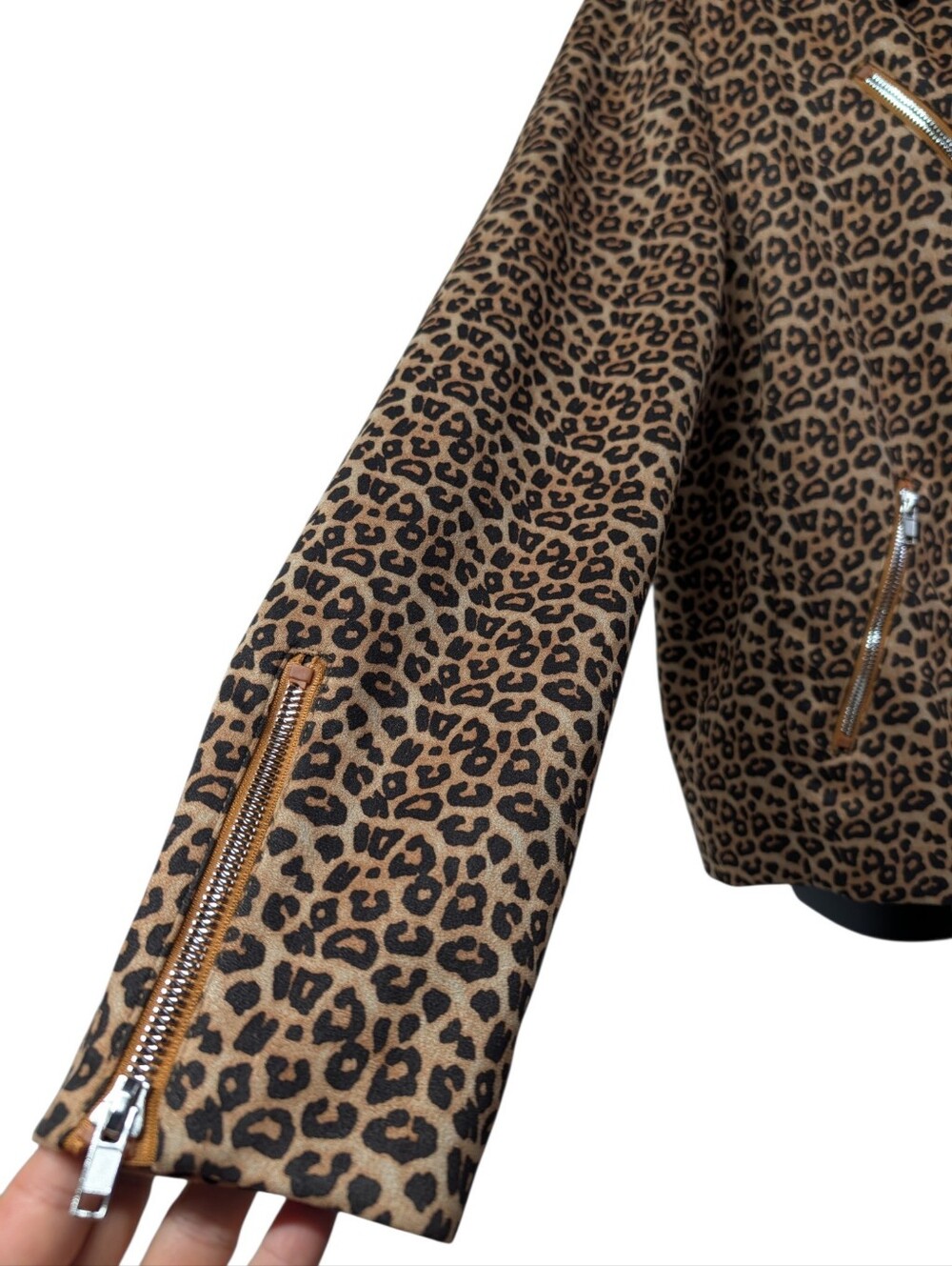 Women's Leopard Print Biker Jacket Brown/Black Size 2XL Full Zip Lined - Picture 4 of 8
